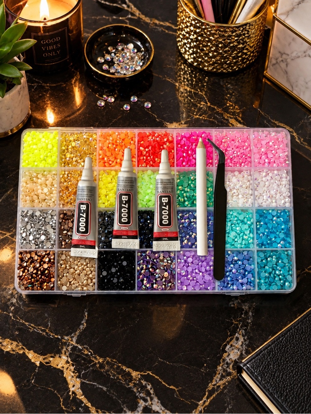 B-7000 Multicolor Crystal Rhinestone Nail Art Kit with Tweezers and Glue